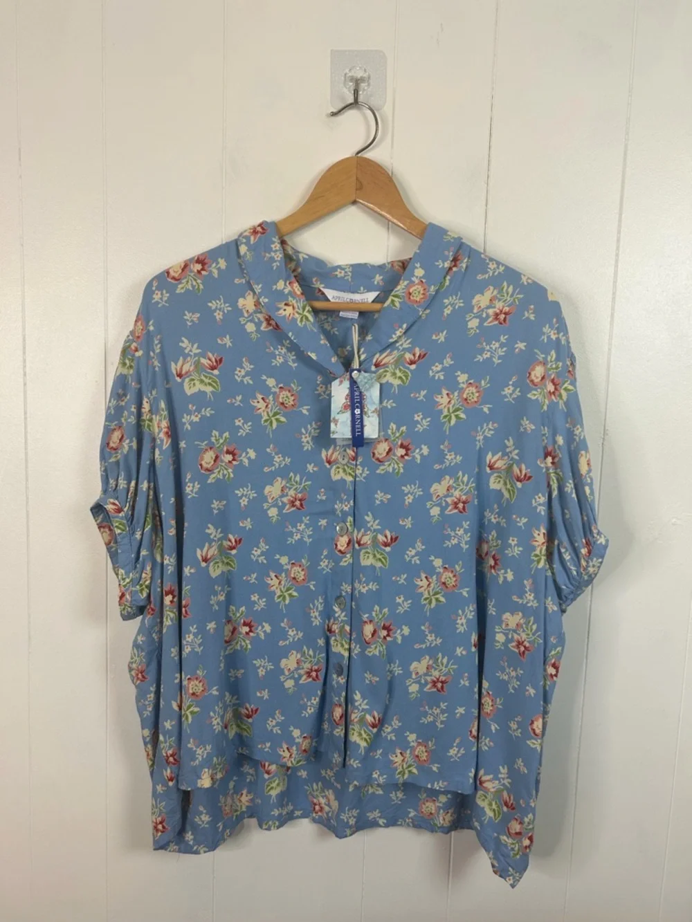 April Cornell Blue Floral Print Petra Short Sleeve Blouse Summer Top Size Large - Picture 5 of 14
